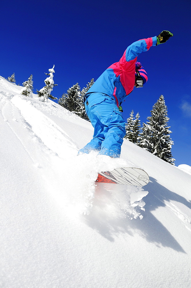 Snowboarder going downhill, Reit im Winkl, Chiemgau, Upper Bavaria, Bavaria, Germany, Europe