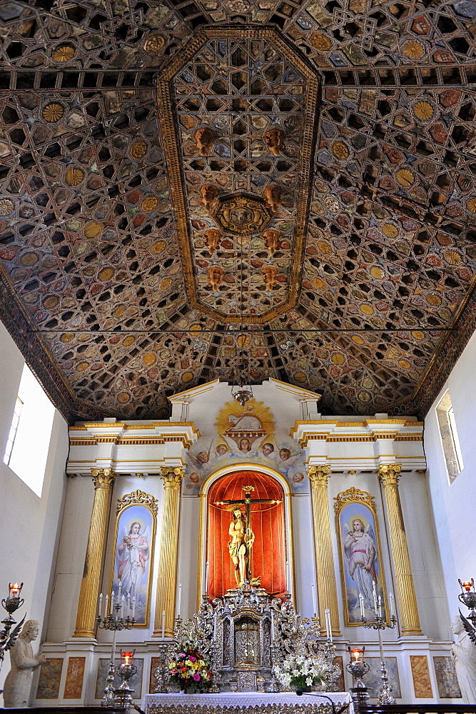 Wood-panelled ceeling in the canarian moorish style, the Church in Tacoronte, Tenerife, Canary Islands, Spain