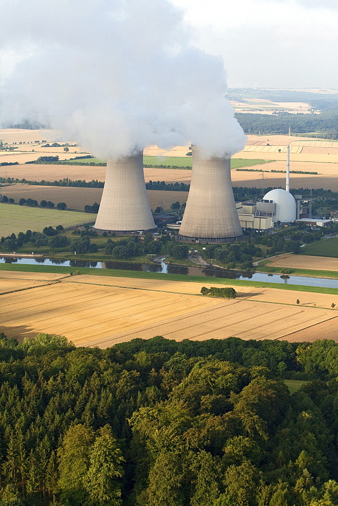 Aerial photo of nuclear power plant Grohnde, Weser River, Lower Saxony, Germany