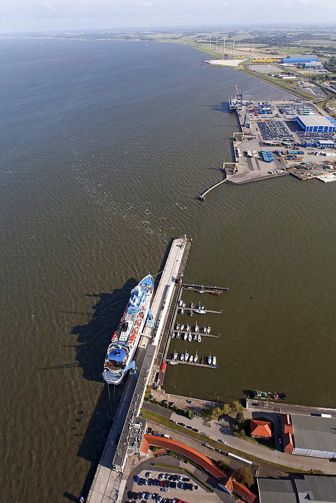 Aerial view of harbour wharfs, Cuxhaven, Lower Saxony, Germany