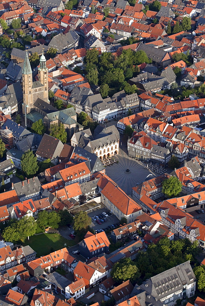 Aerial photo of the Church of St Cosmas and Damian, town hall and market square in the historic town of Goslar, Harz region, Lower Saxony, Germany