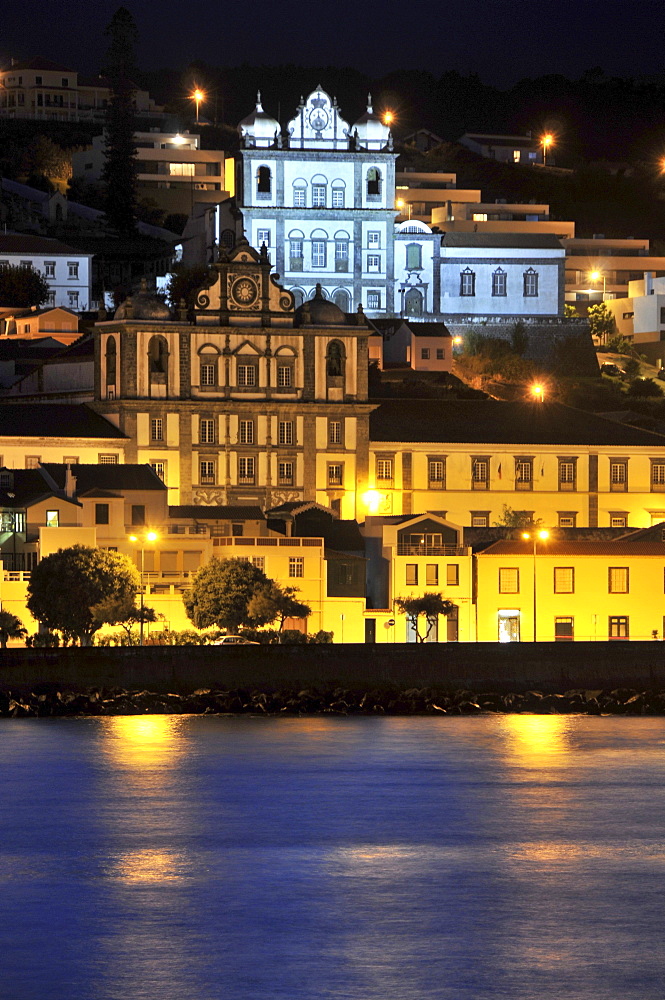 Matriz and Carmo church at night, Horta, Island of Faial, Azores, Portugal, Europe