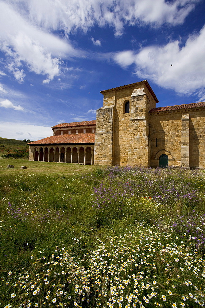 View at the monastery Monasterio de San Miguel de Escalada in the sunlight, Province of Leon, Old Castile, Castile-Leon, Castilla y Leon, Northern Spain, Spain, Europe