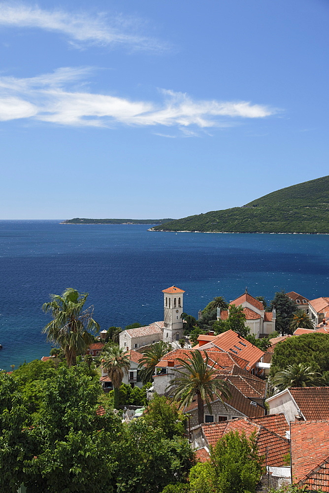 View over the roofs of the old town of Herceg Novi onto the Bay of Kotor, Montenegro, Europe