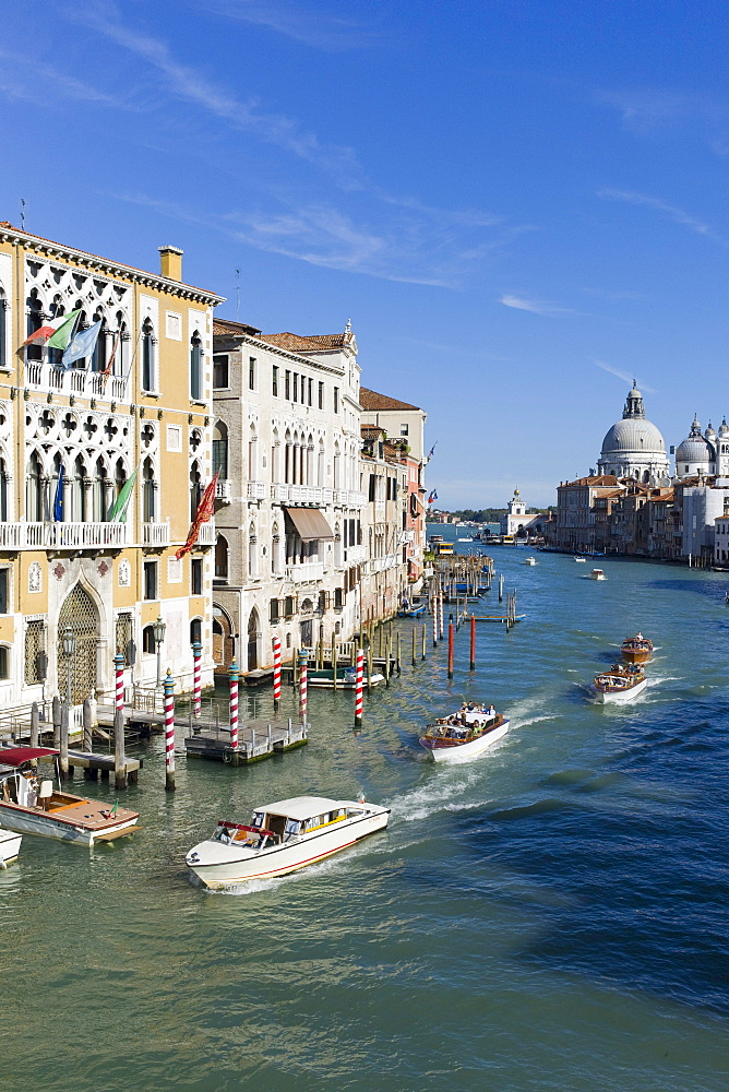 Water taxis on the Grand Canal from Ponte dell' Accademia bridge, with Chiesa di Santa Maria della Salute in the background, Venice, Veneto, Italy, Europe