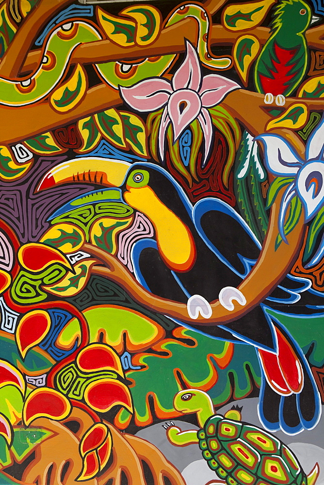 Colorful mural depicting Costa Rican wildlife outside souvenir shop, Cebadilla, Puntarenas, Costa Rica, Central America, America