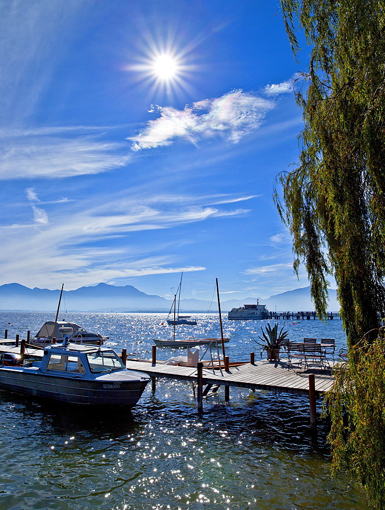 Jetty with suite, Fraueninsel, Chiemsee, Chiemgau, Upper Bavaria, Bavaria, Germany