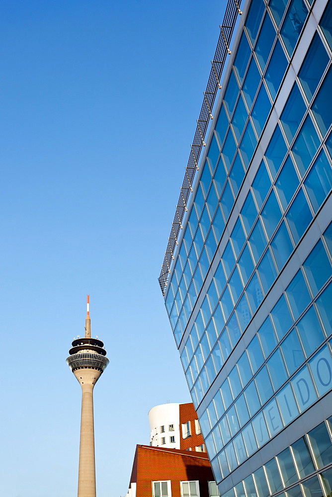 Media Harbour and television tower, Duesseldorf, Duesseldorf, North Rhine-Westphalia, Germany, Europe