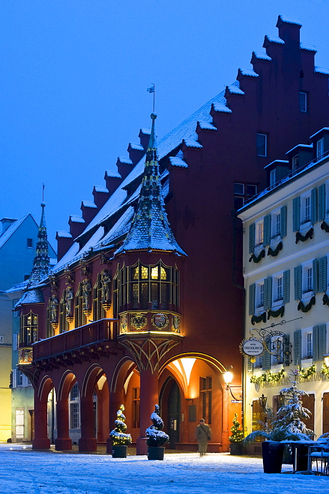 Historical department store in winter, old town, Freiburg im Breisgau, Black Forest, Baden-Wurttemberg, Germany