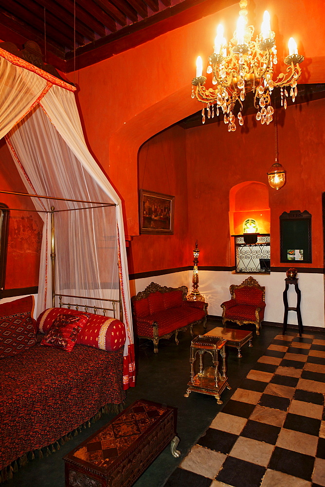 Deserted lobby of the 236 Hurumzi hotel, Stonetown, Zanzibar City, Zanzibar, Tanzania, Africa