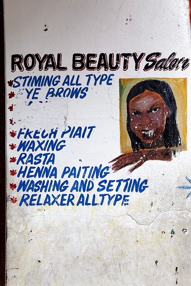 Sign of a beauty parlor, Stonetown, Zanzibar City, Zanzibar, Tanzania, Africa