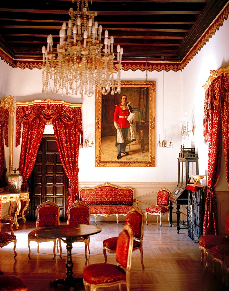 Red private salon functions as museum, Hotel Palacio de la Rambla, â„beda, Andalusia, Spain