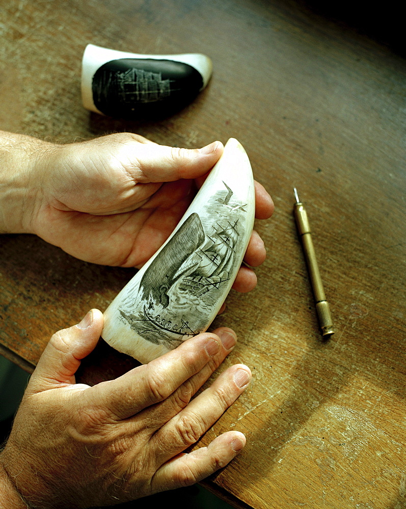 Scrimshaw art, graven whale tooth, near Horta, Faial island, Azores, Portugal