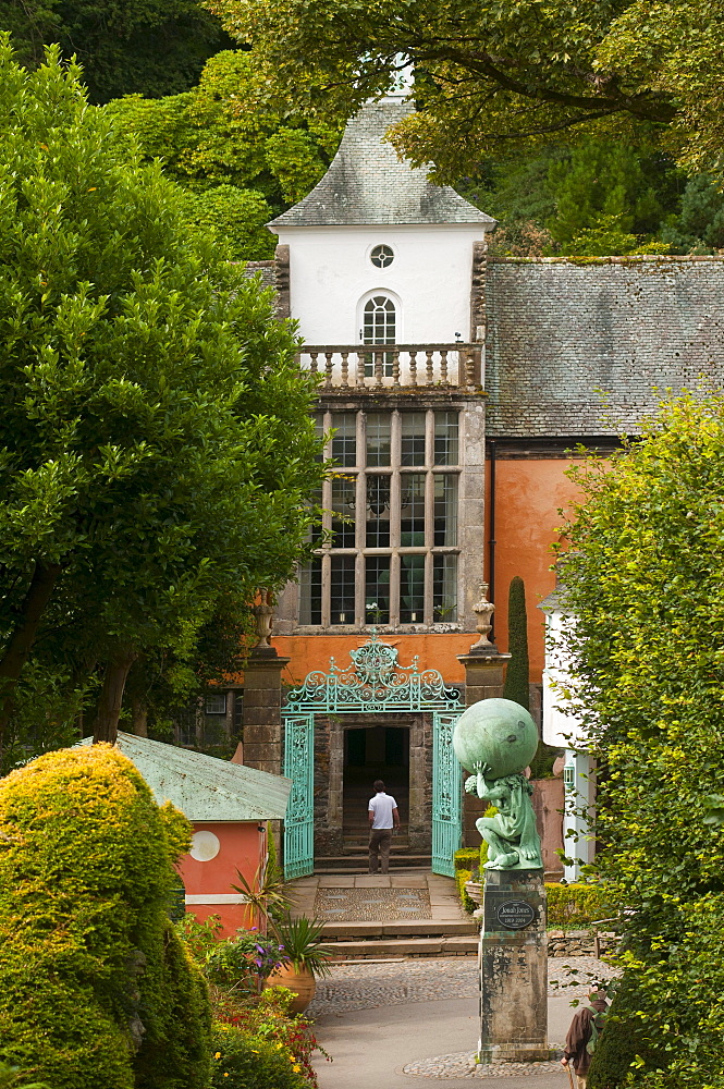 Town hall with hercules statue, The village of Portmeirion, founded by Welsh architekt Sir Clough Williams-Ellis in 1926, Wales, UK