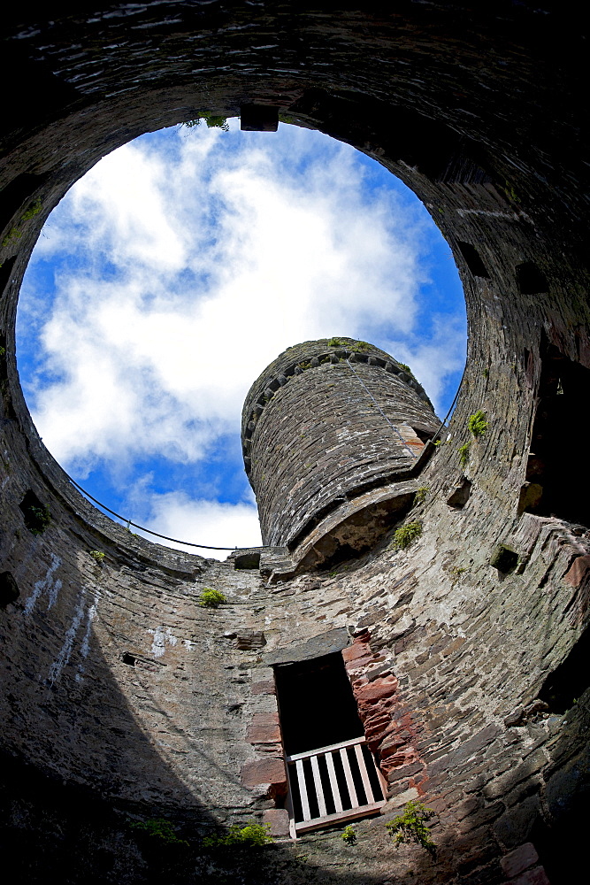 Looking up through one of the circular towers at Conwy Castle in Conwy, Wales, UK