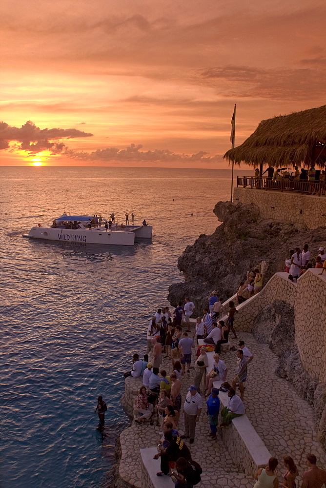 Jamaica Negril RickâˆšÃ‡Â¬Â¥s Cafe open air bar viewpoint at sunset