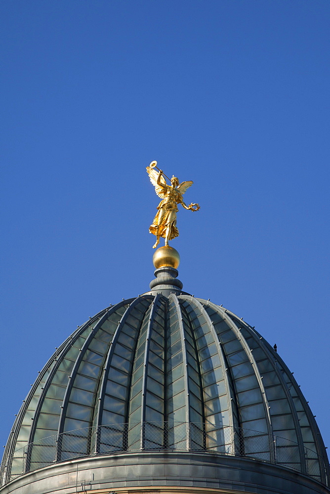 Goddess on the lemon squeezer, glass dome of the University of visual arts with glass dome, Dresden, Saxonia, Germany, Europe