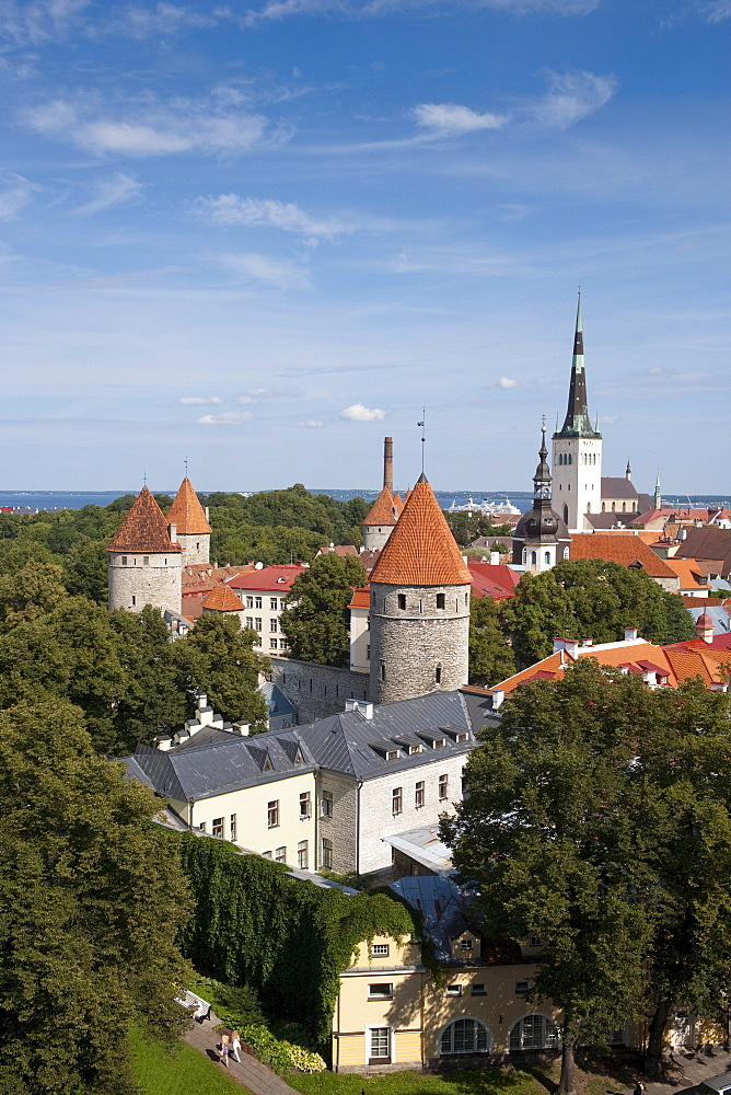 Overhead of city with churches and towers seen from Toompea hill, Tallinn, Harjumaa, Estonia