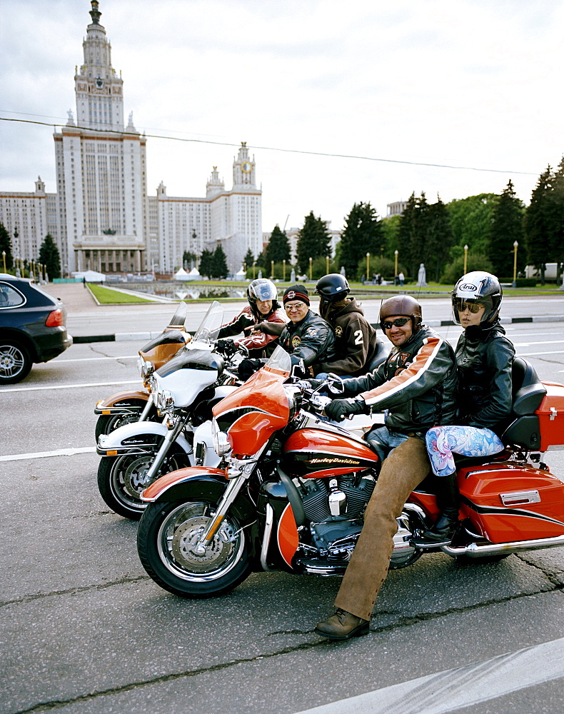 Harley riders in front of Lomonossow University, built in 1949, near Vorobyovy Gory, Sparrow Hills, Moscow, Russia, Europe