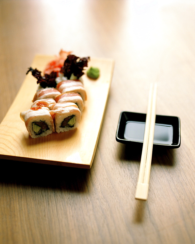 Ukrainian Sushi Roll coated in bacon, restaurant chain Japoscha, metro station Novoslobotskaya, Moscow, Russia, Europe