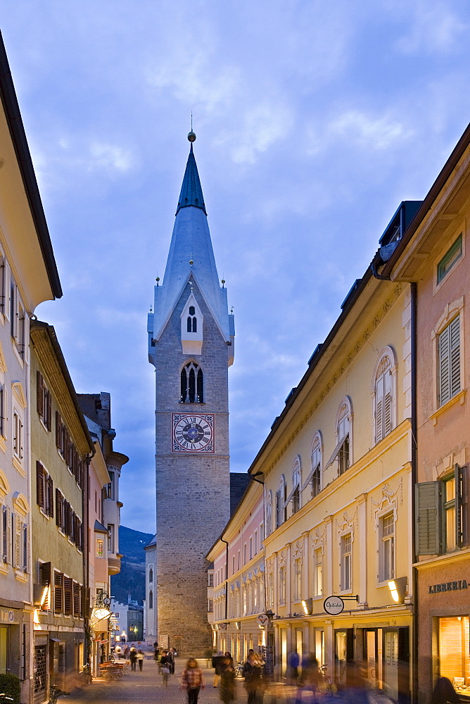 Pedestrian area and steeple in the city in the evening, Brixen, Valle Isarco, South Tyrol, Alto Adige, Italy, Europe