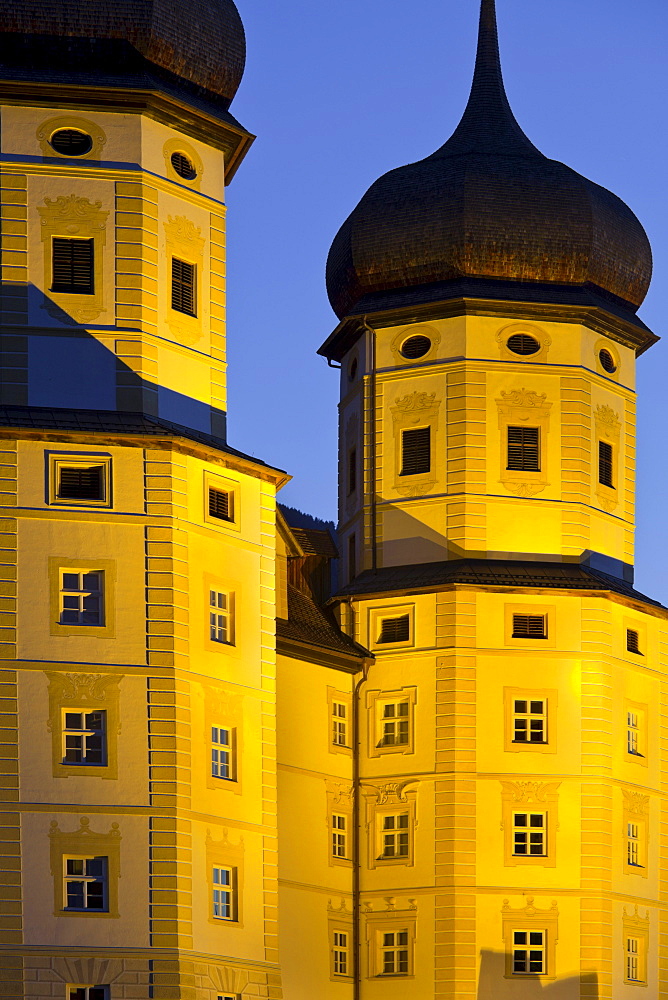 Illuminated Cistercian monastery Stams in the evening, Inntal, Tyrol, Austria, Europe