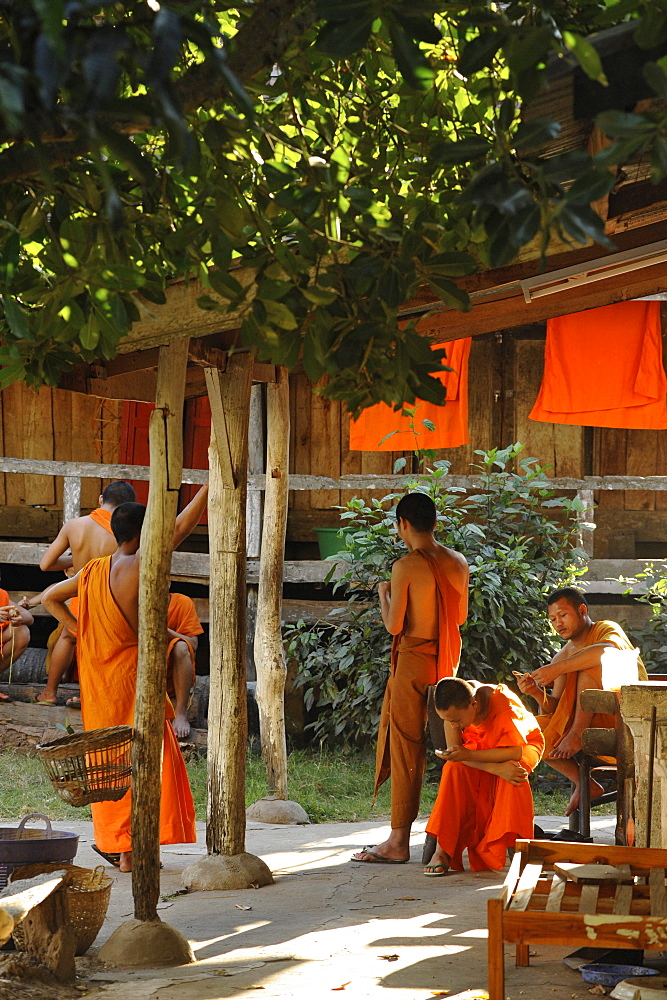 Buddhist monks, novice, in front of their dwelling, Luang Prabang, Laos