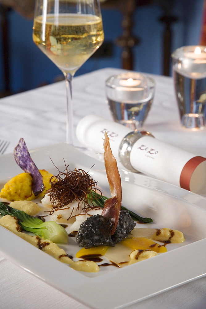 Loup de Mer with Saffron-Sepia Risotto and Serrano Sail and Orange-Saffron Foam, Zezo Restaurant at Sant Salvador Hotel, Arta, Mallorca, Balearic Islands, Spain