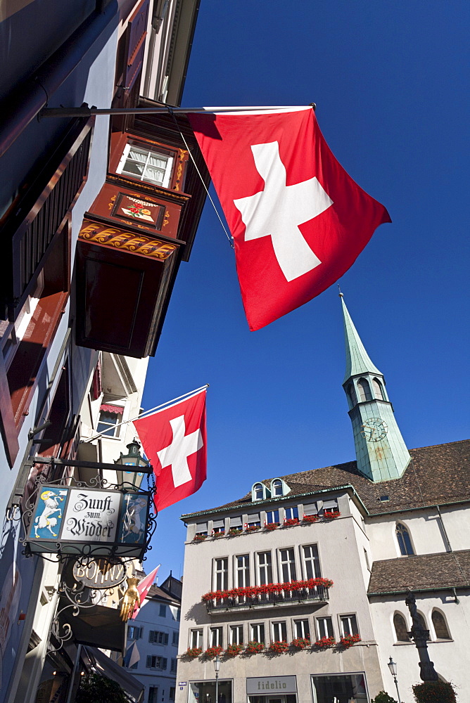 August 1 Flags in the Old City Center, Zunfthaus Zum Widder, Zurich, Switzerland