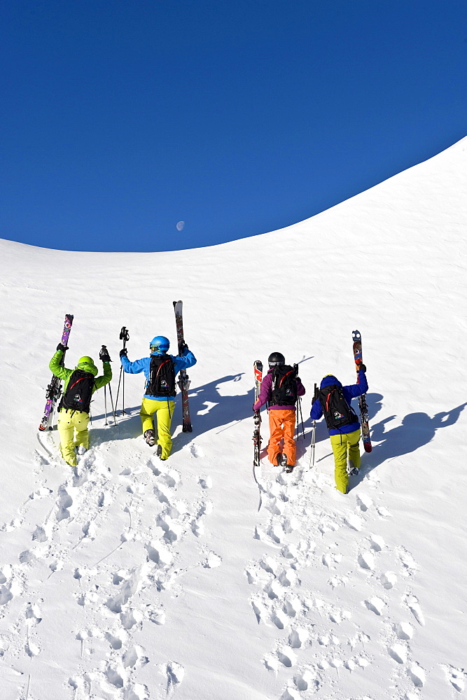 Skiers at ascent under blue sky, Alto Adige, South Tyrol, Italy, Europe