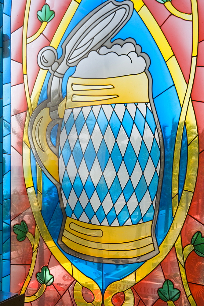 Beer Mug Stained Glass Window, Mega Park Disco and Club, El Arenal, Playa de Palma, Mallorca, Balearic Islands, Spain