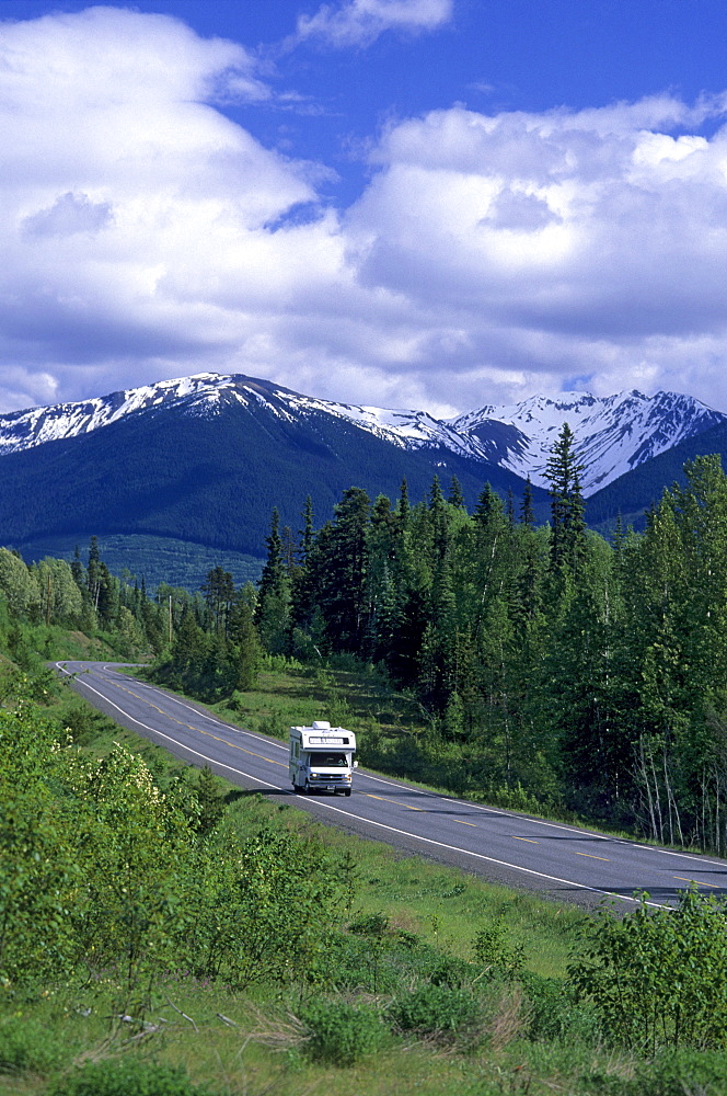 Camper on Stewart Cassier Highway in the sunlight, British Columbia, Canada, America