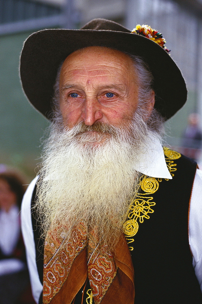 Man with beard wearing traditional costume, Wine festival, Lugano, Ticino, Switzerland, Europe