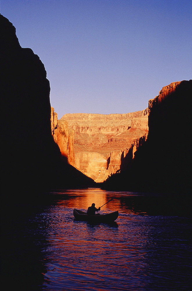 Rafting, boat on Colorado River in the evening, Grand Canyon, Arizona, USA, America