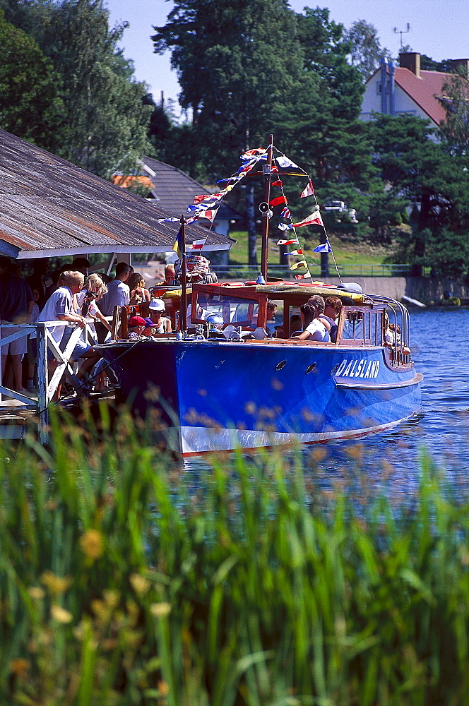 People on excursion boat MS Dalsland on the Dalsland canal, Haverud Dalsland, Sweden, Europe