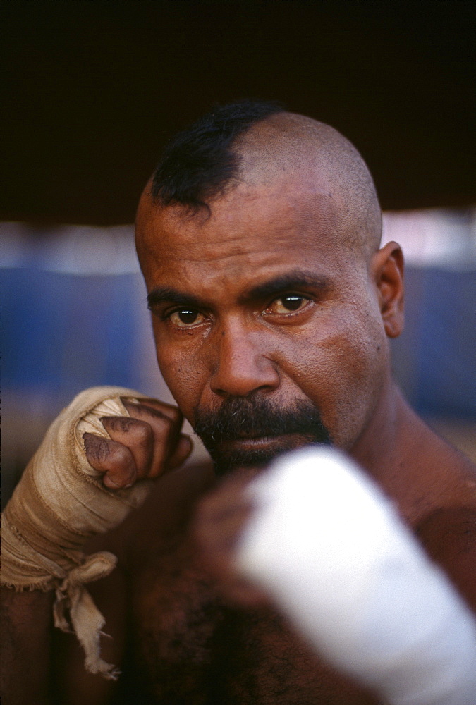 Boxer Little Lizard is ready, Fred Brophy's Boxing Troupe, Queensland, Australia