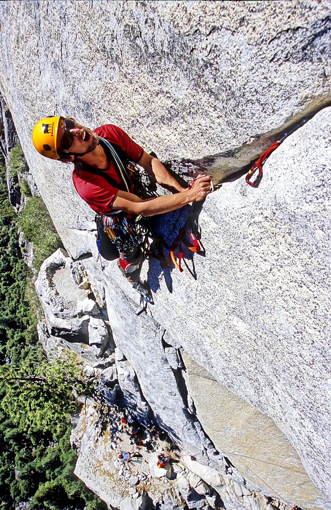 Man rock climbing, Techno climbing at South West Face, Big Wall Climbing, Washington Column, Yosemite Valley, California, USA