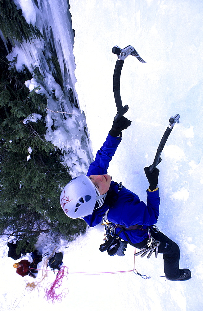 Kirsten Buchmann ice climbing, Carlsberg waterfall, Banff National park, Alberta, Canada