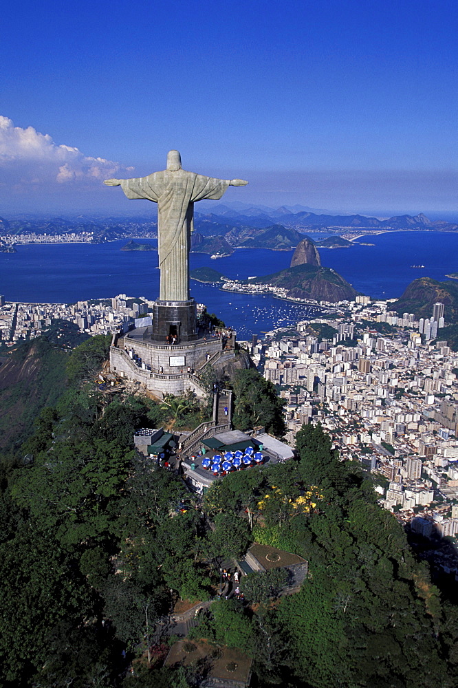 View of Statue of Christ Cristo Redentor and sugarloaf mountain, Rio de Janeiro, Brazil, South America, America