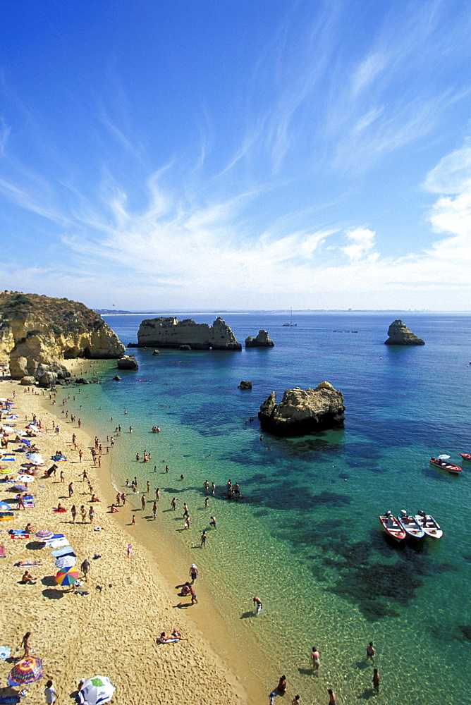 View of sandy beach with people, Praia do Dona Ana, Lagos, Algarve, Portugal, Europe