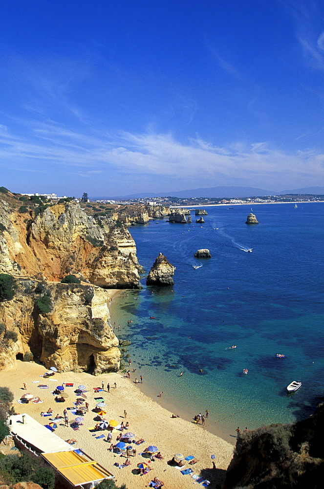 High angle view of beach and coast area, Praio do Camilo, Lagos, Algarve, Portugal, Europe