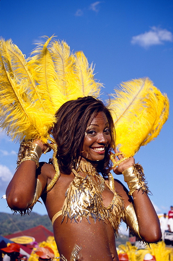 Woman in costume dancing at Mardi Gras, Carnival, Port of Spain, Trinidad and Tobago, Caribbean