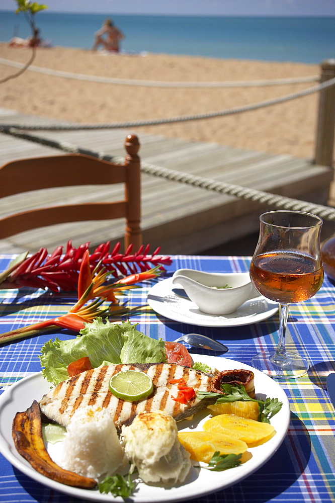 Grilled bream in Le Karacoli Restaurant, Grande-Anse, Deshaies, Basse-Terre, Guadeloupe, Caribbean Sea, America