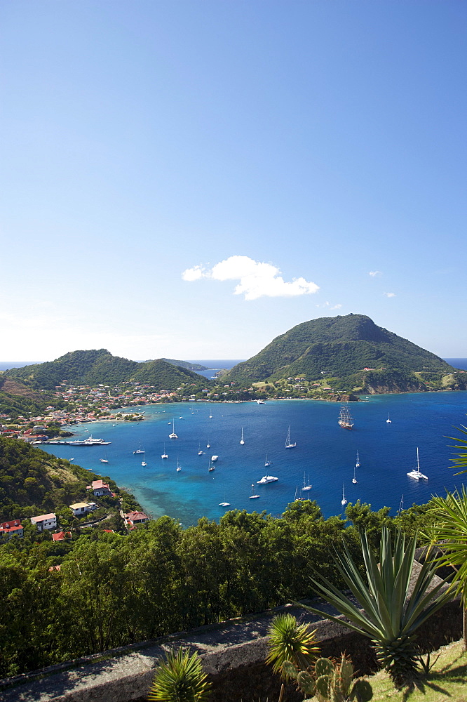 Aerial view of Terre-de-Haute harbour, Les Saintes Islands, Guadeloupe, Caribbean Sea, America