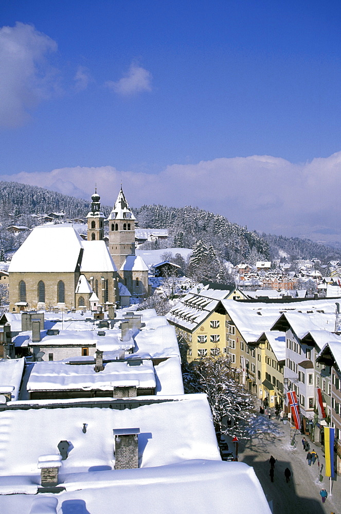 View of houses and church of the town of Kitzbuehel, Tyrol, Austria, Europe