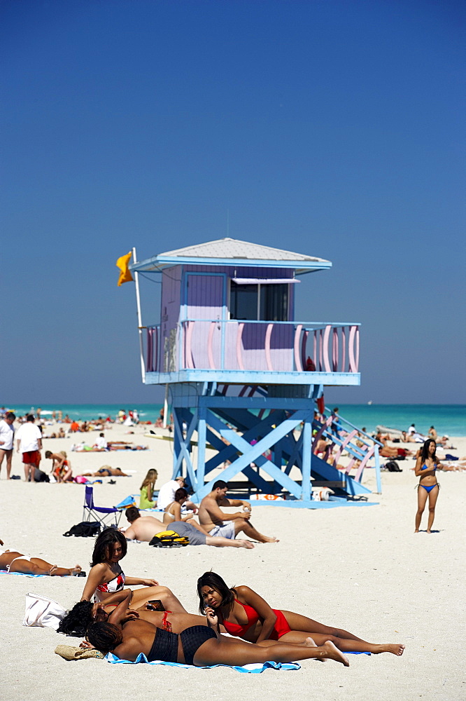 Sandy beach, the Art Deco style, lifeguard tower, South Beach, Miami, Florida, USA