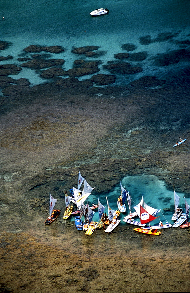 Aerial photo, boats, Porto de Galinhas, Ipojuca, Pernambuco, Brazil