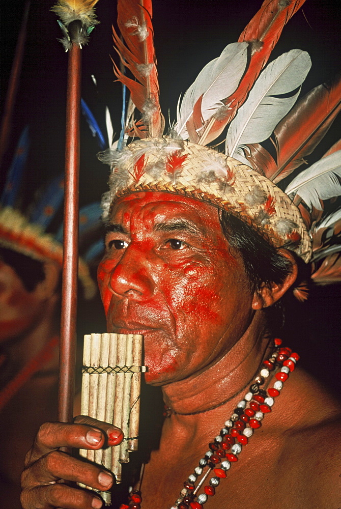 Portrait of a man with feather decorations and facial painting, Native South American Tarianos, Amazonas, Brazil