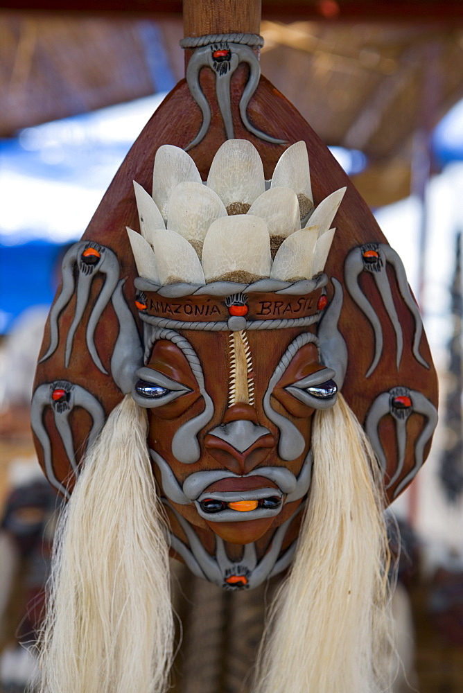 Indigenous Amazon Indian Mask at a market stall, Santarem, Para, Brazil, South America