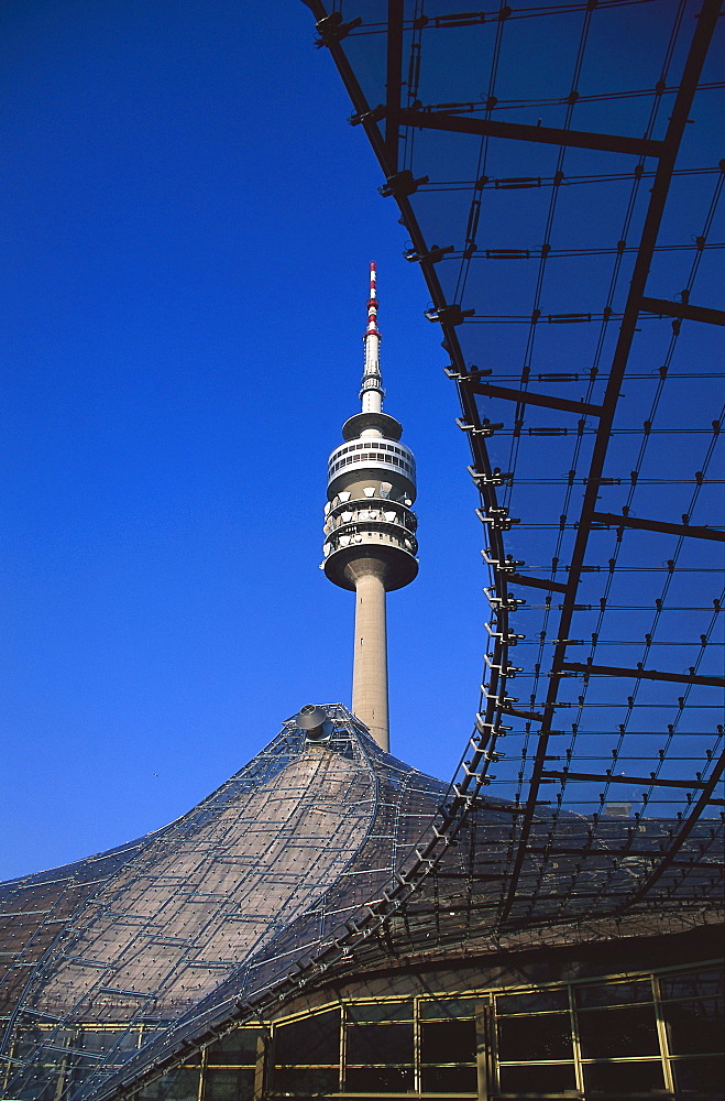 Olympia television tower and Olympia Park under blue sky, Munich, Bavaria, Germany, Europe